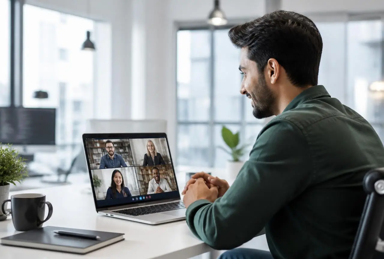 Profissional participando de uma entrevista de emprego com recrutadores internacionais