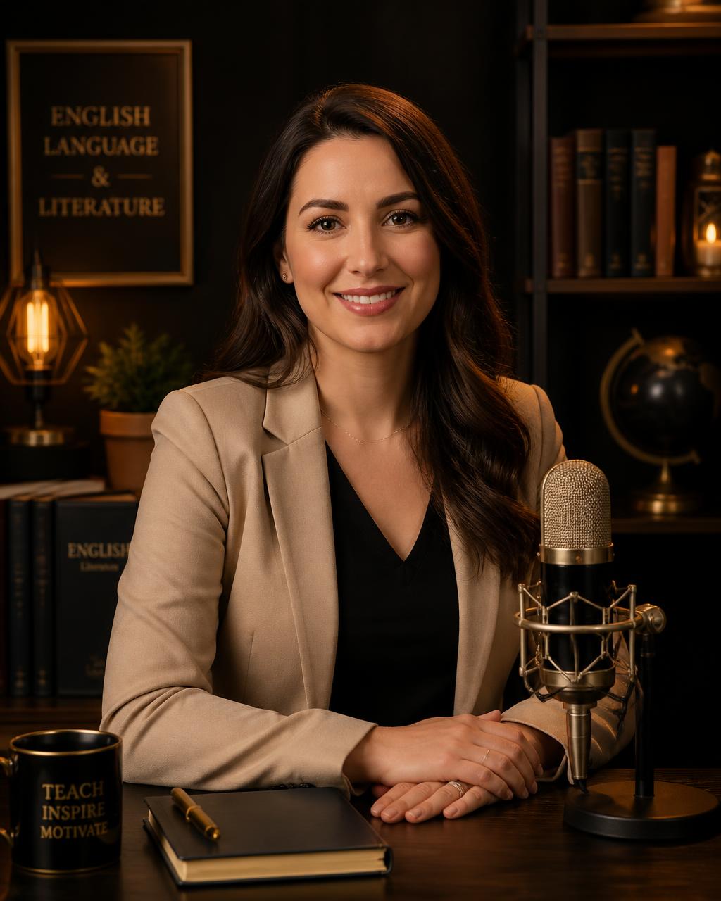 Professora de inglês sorrindo durante uma aula online